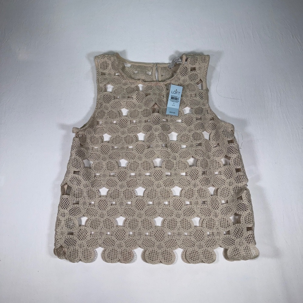 Loft NWT‎ Crochet Floral Lace Tank Top Beige Small Petite Sleeveless Beach Boho